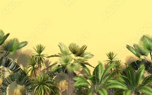 Green palm trees and tropical exotic plants on a yellow background with copy space. Conceptual creative illustration. 3D rendering.