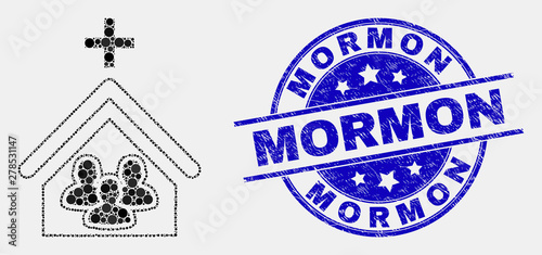 Dotted church people mosaic pictogram and Mormon seal stamp. Blue vector rounded scratched seal stamp with Mormon text. Vector collage in flat style.