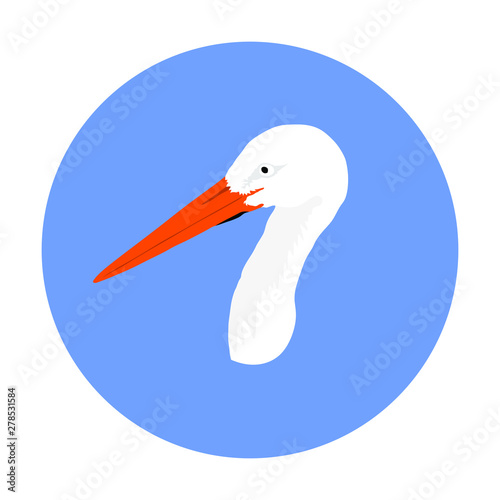 Stork head vector illustration isolated on blue background. Visitant, bird migration symbol. Baby time. Spring coming symbol.