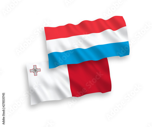 National vector fabric wave flags of Malta and Luxembourg isolated on white background. 1 to 2 proportion.