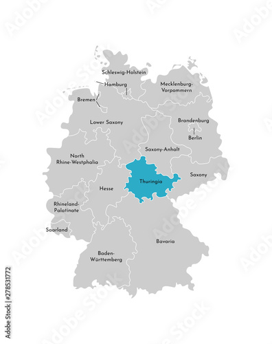 Vector isolated illustration of simplified administrative map of Germany. Blue silhouette of Thuringia  state . Grey silhouettes. White outline