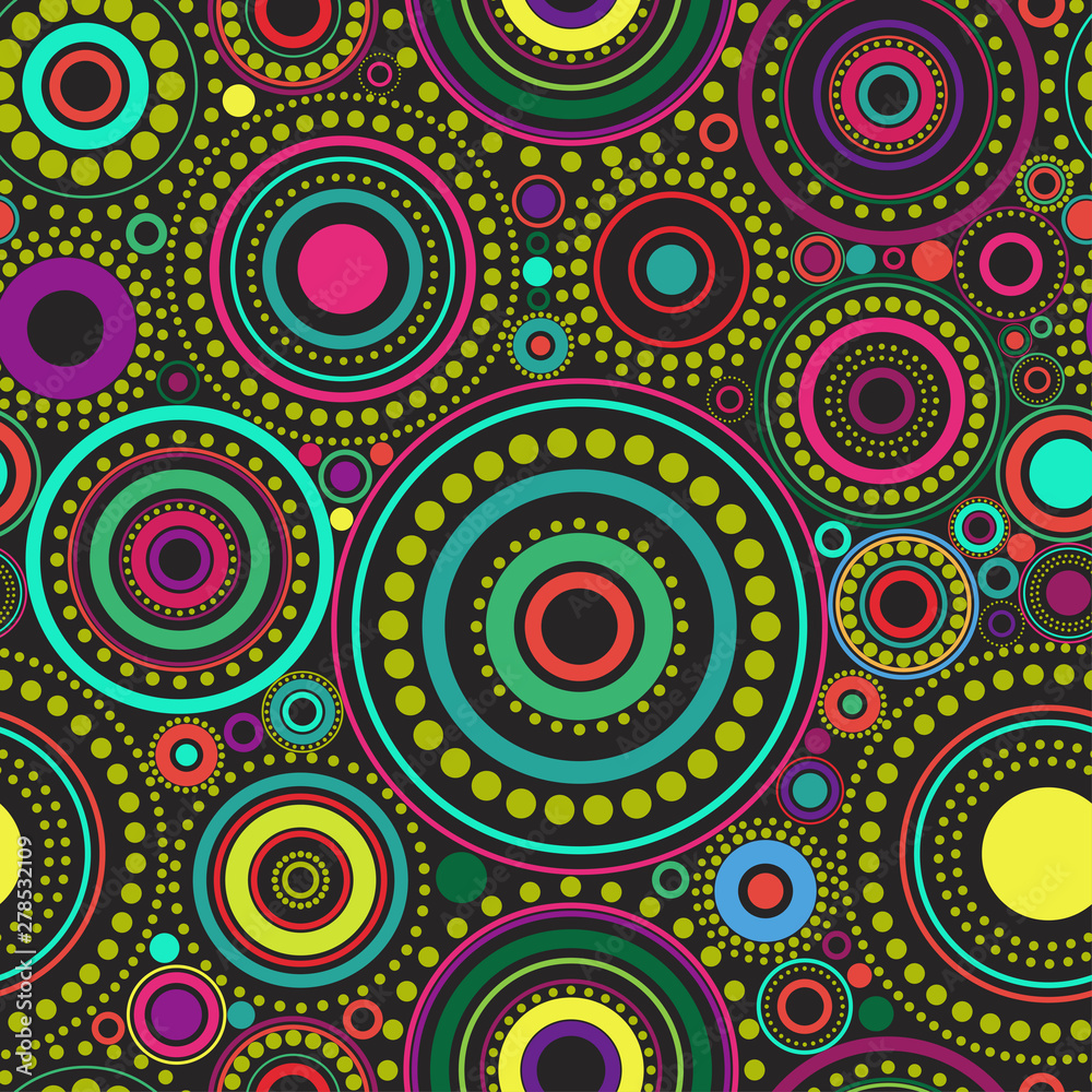 bright seamless abstract pattern of colorful circles and dots on black background. Kaleidoscope backdrop.