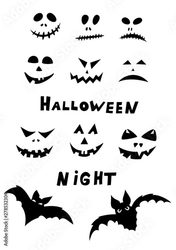 Halloween icons  thin monochrome icon set  black and white kit. Creepy and funny jack face  bat  lettering.