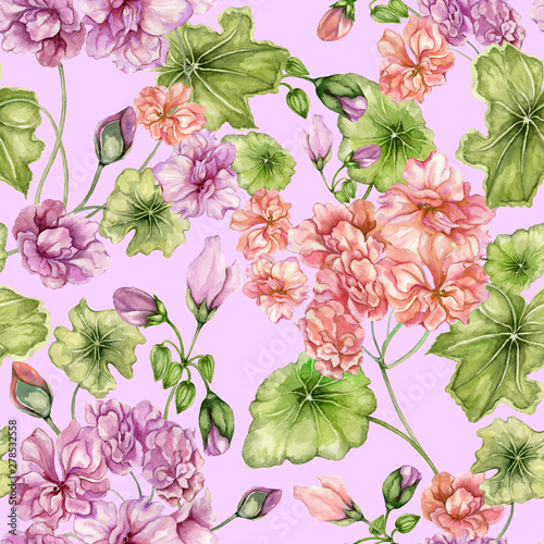 Beautiful floral background with pelargonium flowers and leaves. Seamless bot...