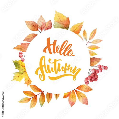 Watercolor vector card with hand lettering Hello autumn and leaves isolated on white background.