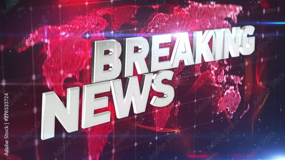 Breaking news intro on red background, world map. International, local news. Emergency, urgent information