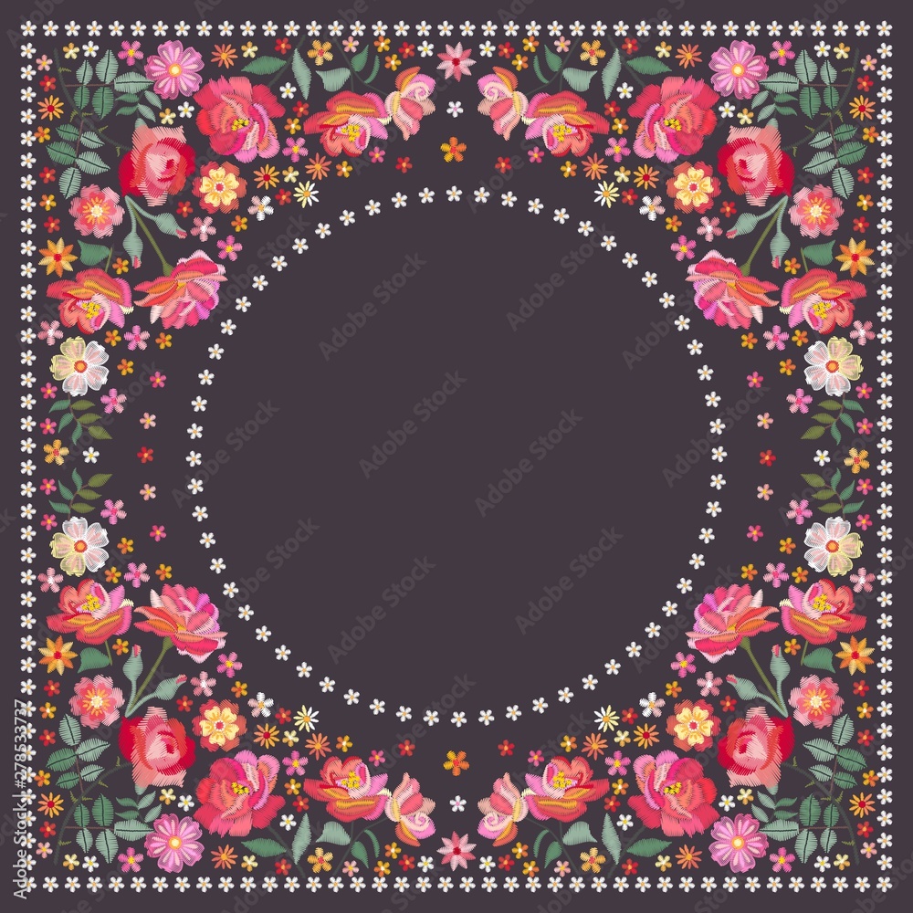 Embroidery square pattern for shawl or scarf with beautiful flowers. Design for bandana print, kerchief.