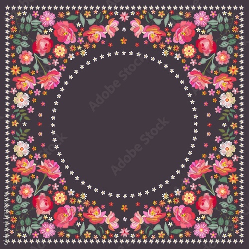 Embroidery square pattern for shawl or scarf with beautiful flowers. Design for bandana print, kerchief.