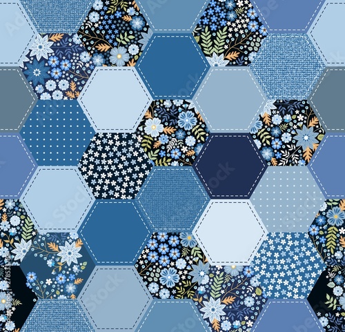 Patchwork pattern with floral and denim patches in blue colors. Seamless design for fabric and textile.