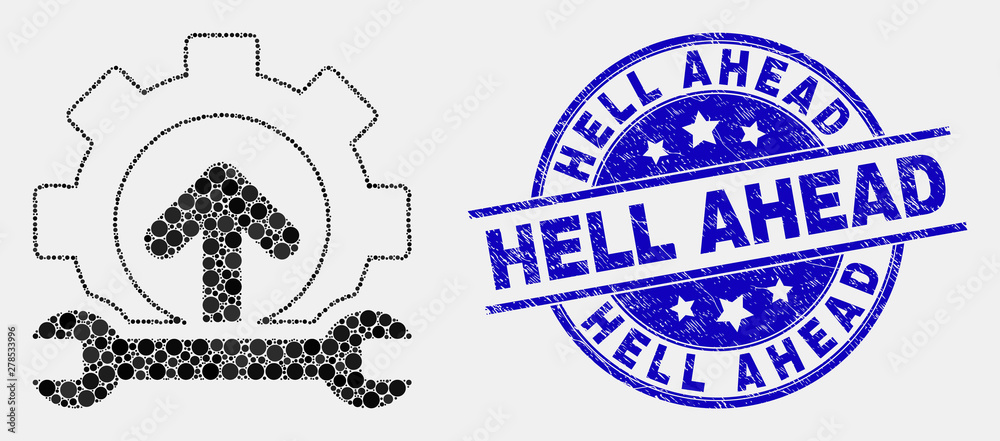 Fototapeta premium Dotted forward gear repair mosaic pictogram and Hell Ahead seal. Blue vector rounded textured seal stamp with Hell Ahead caption. Vector collage in flat style.