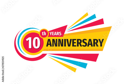 10 th birthday banner logo design.  Ten years anniversary badge emblem. Abstract geometric poster.