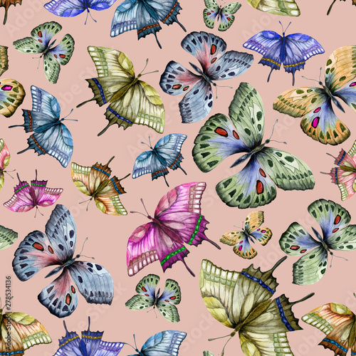 Beautiful colorful tropical butterflies on beige background. Seamless pattern. Watercolor painting. Hand drawn and painted illustration.