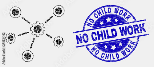 Pixel gear links mosaic pictogram and No Child Work seal. Blue vector rounded grunge seal with No Child Work title. Vector composition in flat style.