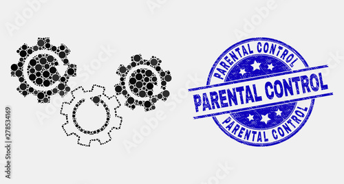 Dot gear mechanism mosaic pictogram and Parental Control seal stamp. Blue vector round distress watermark with Parental Control title. Vector combination in flat style.