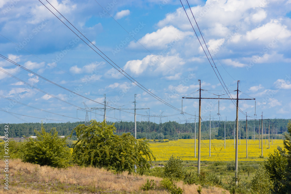 Electricity power pole for transmission lines network. Environment and energy concept