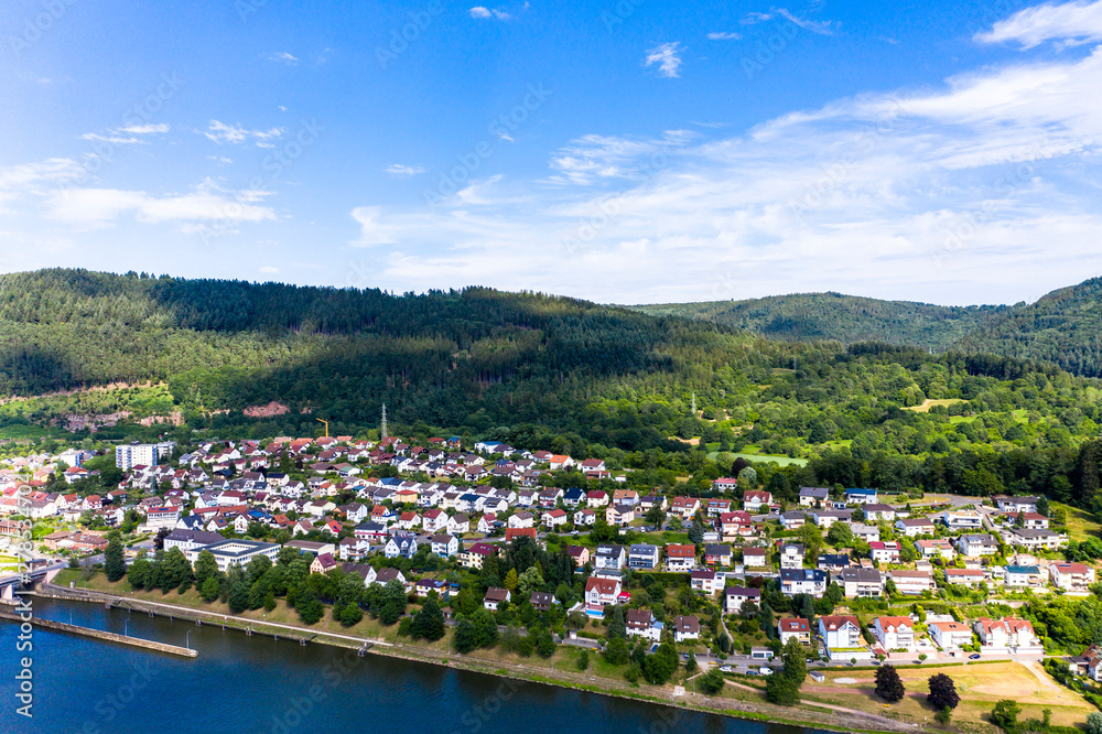 Aerial view Hirschhorn and Ersheim at river Neckar, Odenwald, Hesse, Germany