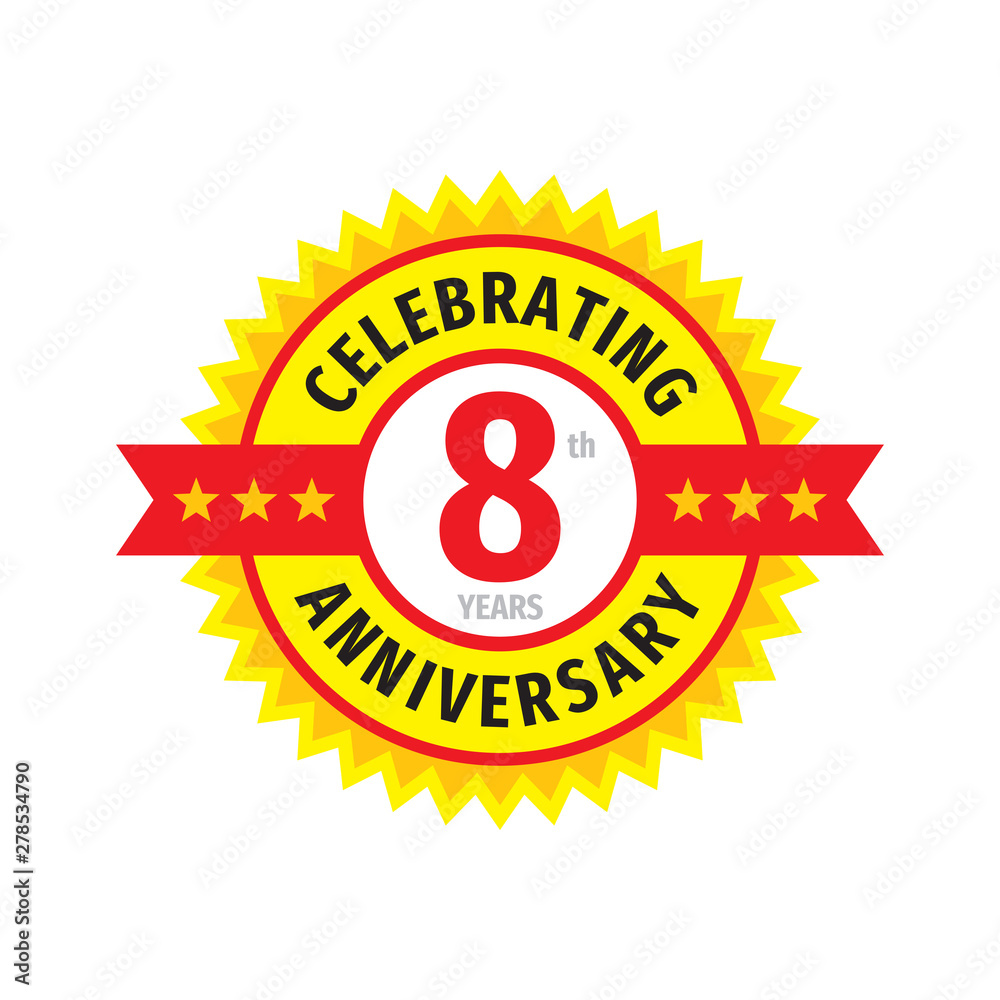 8th birthday badge logo design. Eight years anniversary banner emblem. Abstract geometric poster. 8th birthday badge logo design. Eight years anniversary banner emblem. Abstract geometric poster.