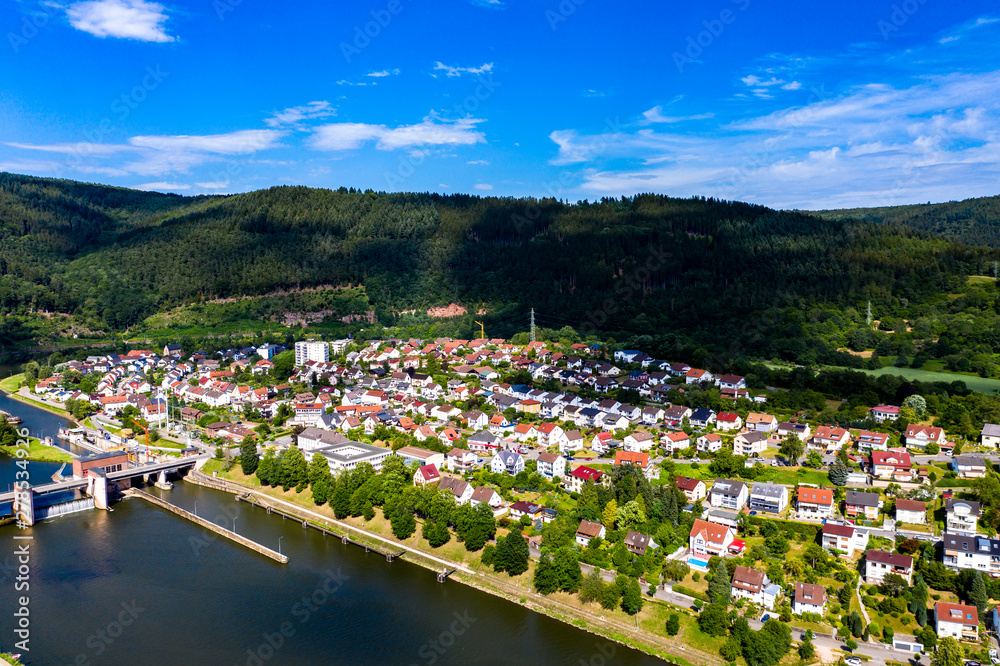 Aerial view Hirschhorn and Ersheim at river Neckar, Odenwald, Hesse, Germany