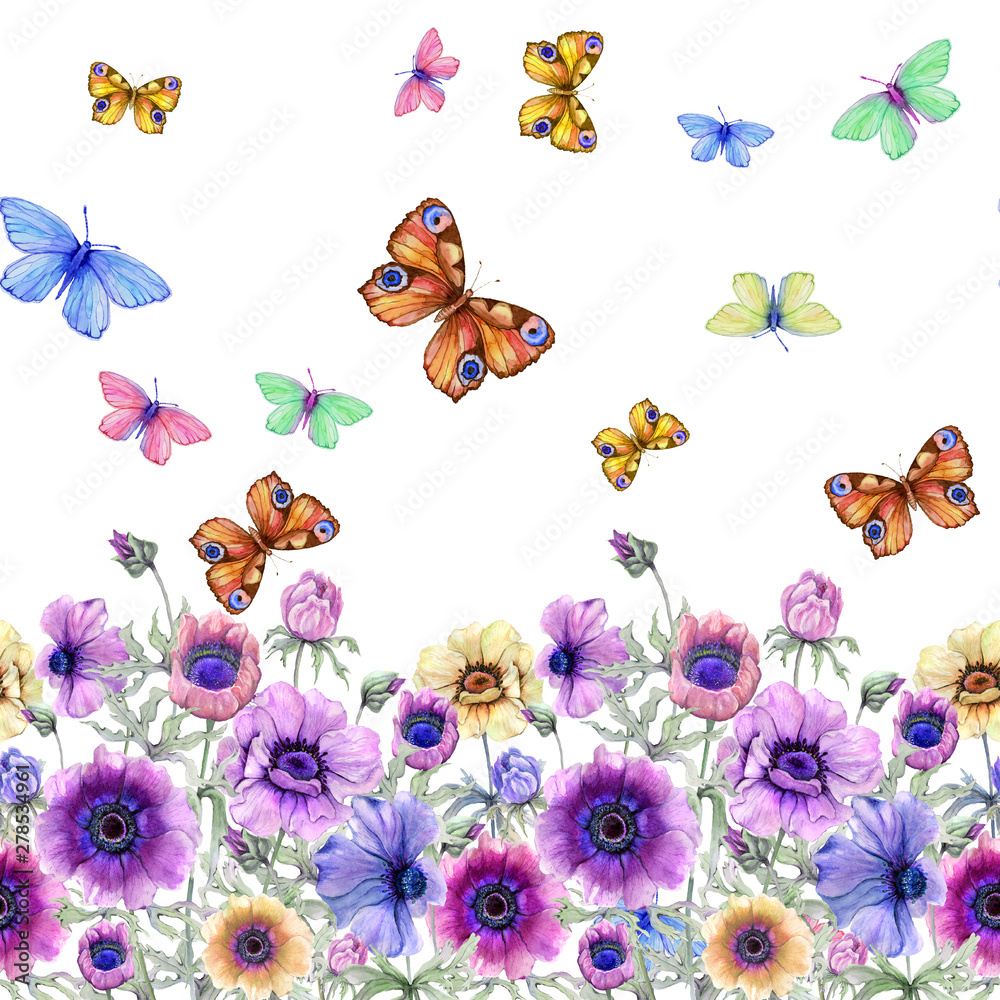 Beautiful colorful anemone flowers and flying butterflies with green leaves on white background. Seamless floral pattern, border. Watercolor painting. Hand painted illustration
