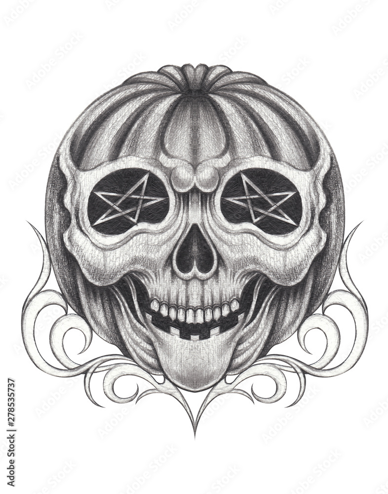Fototapeta premium Art Surreal Pumpkin Skull Tattoo.Hand drawing on paper.