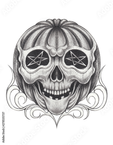 Art Surreal Pumpkin Skull Tattoo.Hand drawing on paper.