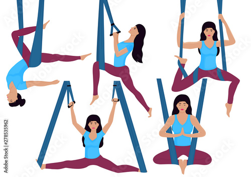 Young woman doing exercise with hammock vector illustration. Aerial yoga	
