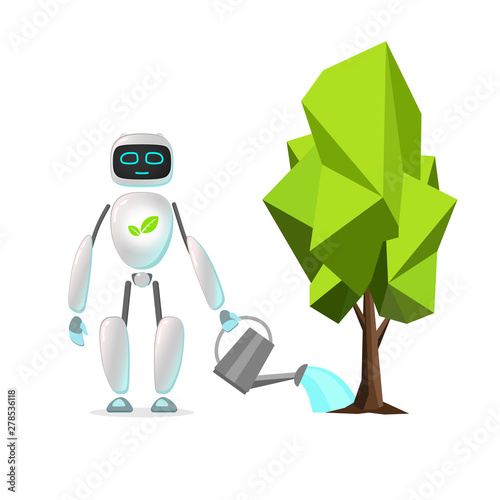 RPA robot. Android helps care of nature. Nature protection, artificial intelligence, robatized work, Care of cleanliness Robotic technologies for protect nature and  planet