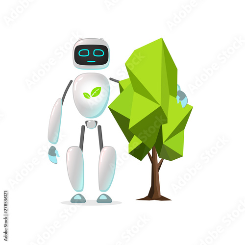 RPA robot. Android helps care of nature. Nature protection, artificial intelligence, robatized work, Care of cleanliness Robotic technologies for protect nature and  planet
