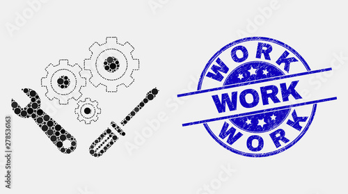 Dot instrumental tools mosaic icon and Work seal stamp. Blue vector round textured seal with Work phrase. Vector combination in flat style.