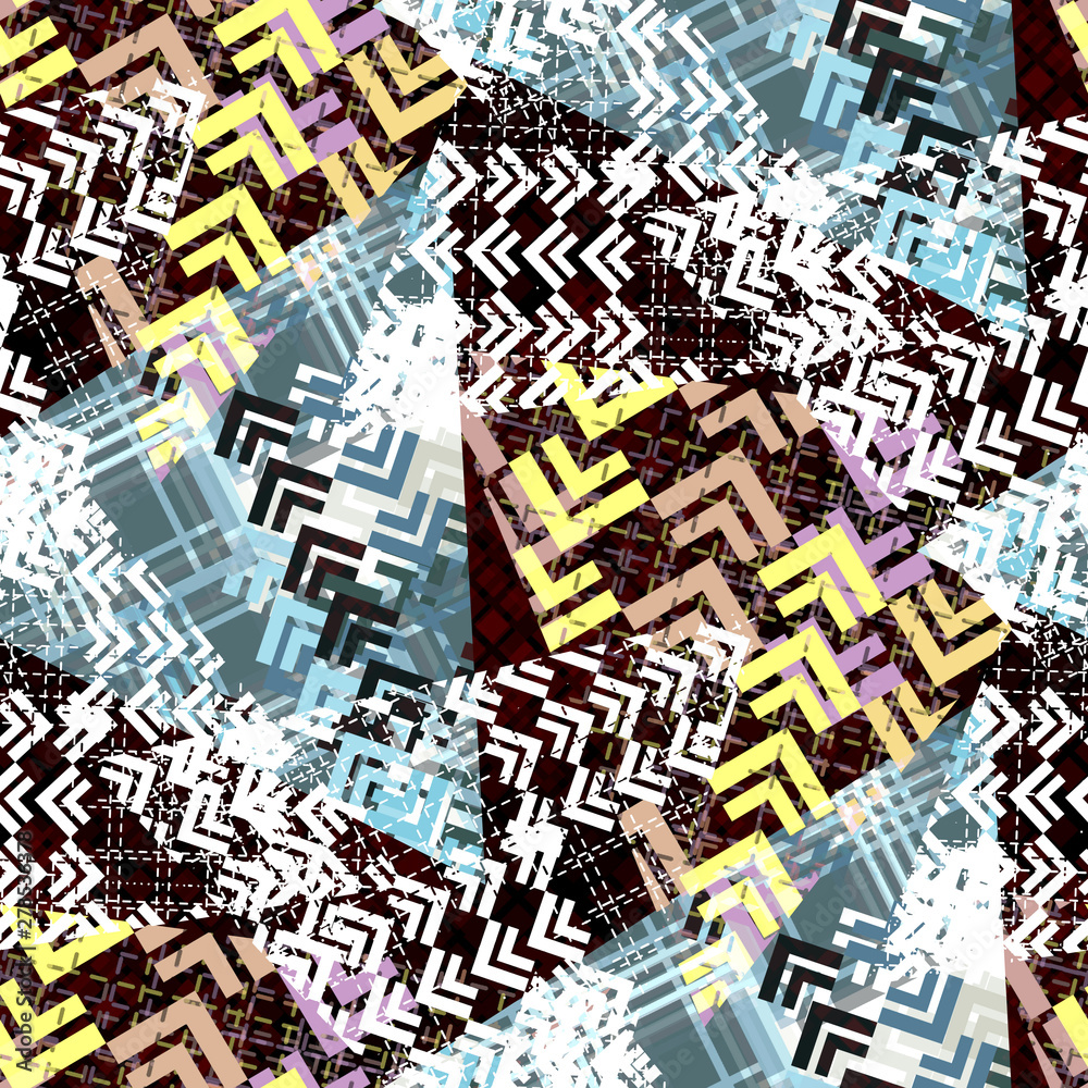 Seamless pattern grunge design. Patchwork print with herringbone and tweed lines. Watercolor effect. Suitable for bed linen, leggings, shorts and fashion industry.
