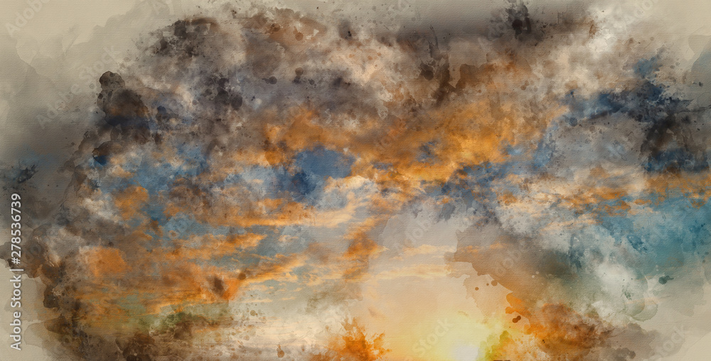 Digital watercolour painting of Stunning colorful Winter landscape sunset sky