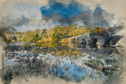 Digital watercolour painting of Beautiful Autumn landscape image of Bosherston Lakes in Pembrokeshire in Wales photo