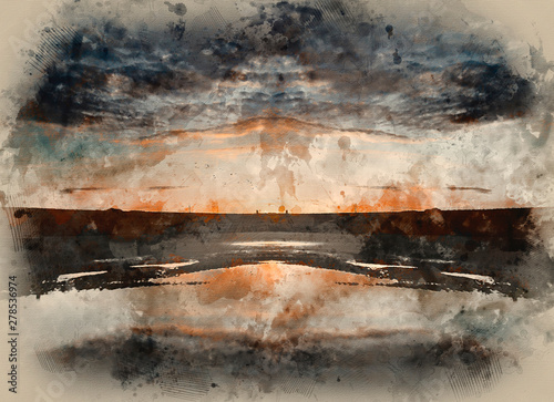 Fototapeta Naklejka Na Ścianę i Meble -  Digital watercolour painting of Vibrant sunrise landscape reflected in low tide water on beach