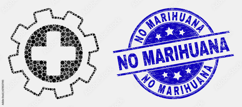 Obraz premium Dotted medical service gear mosaic pictogram and No Marihuana seal stamp. Blue vector round textured seal with No Marihuana caption. Vector composition in flat style.