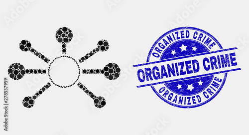 Dotted node links mosaic icon and Organized Crime seal stamp. Blue vector rounded grunge seal with Organized Crime message. Vector collage in flat style.