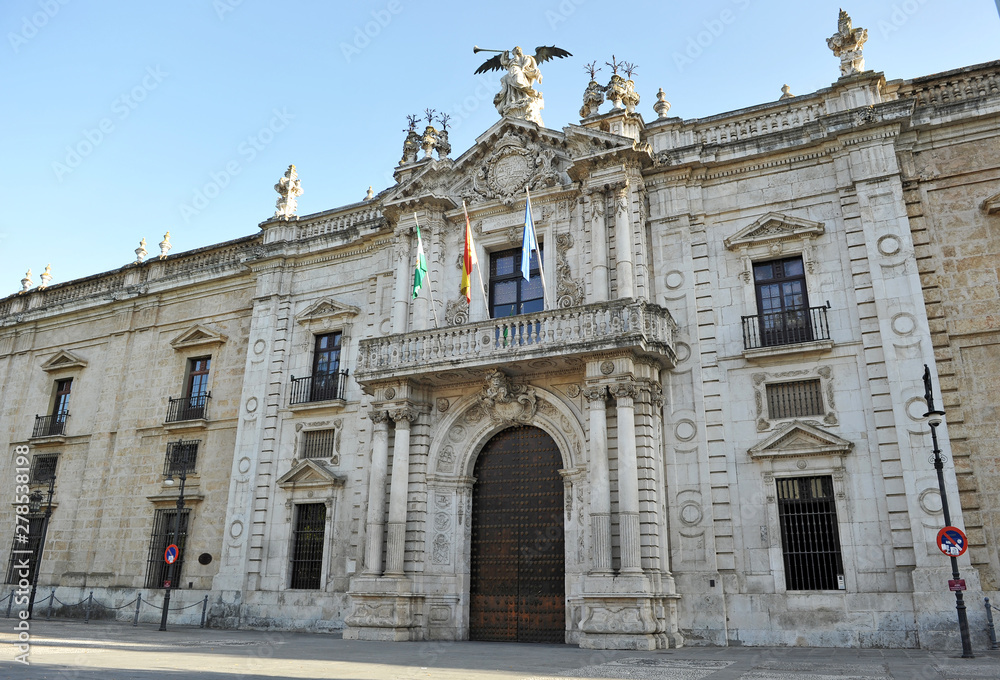 Main facade of the Rectorship of Public University of Seville, former Royal Tobacco Factory (Real Fabrica de Tabacos). Andalusia, Spain