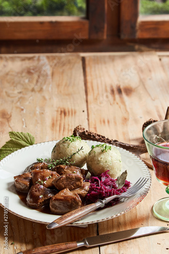 Speciality lunch of rich wild venison goulash