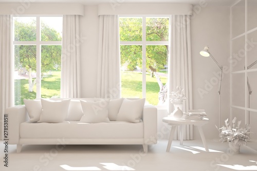 Mock up of stylish room in white color with sofa and green landscape in window. Scandinavian interior design. 3D illustration