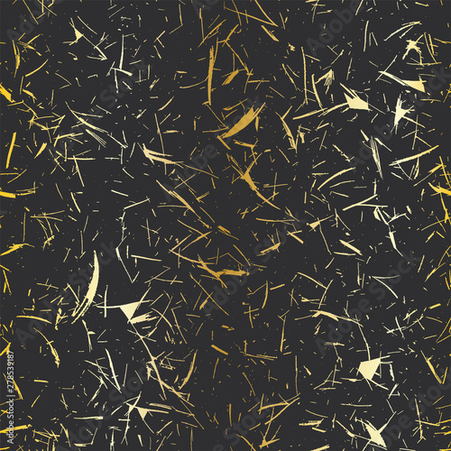 Golden shiny speckles on black background. Rice paper.  Grungy recycled speckled elements natural terrazzo camouflage textured surface seamless repeat vector pattern. Grunge, cement, concrete. Gravel.