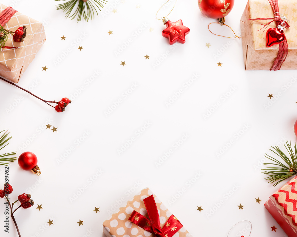 Christmas composition on white background. Flat lay, top view Christmas composition on white background. Flat lay, top view