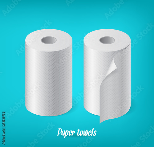 Realistic paper roll set, kitchen towel, cash tape vector