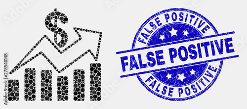 Dotted sales trend charts mosaic pictogram and False Positive watermark. Blue vector rounded grunge watermark with False Positive message. Vector combination in flat style.