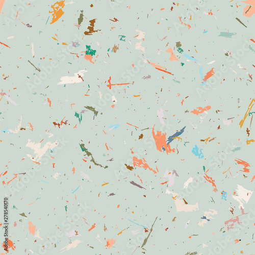 Multicolored grungy recycled speckled elements natural paper terrazzo camouflage textured surface seamless repeat vector pattern swatch