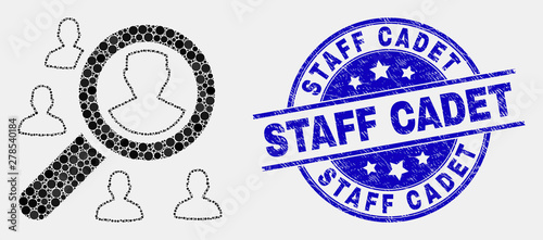 Dot search users mosaic icon and Staff Cadet seal stamp. Blue vector rounded grunge seal stamp with Staff Cadet message. Vector combination in flat style.