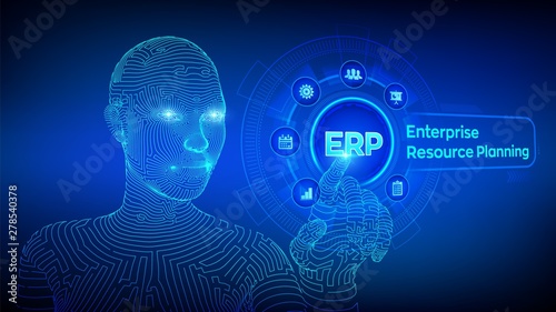 ERP. Enterprise resource planning business and modern technology concept on virtual screen. Corporate Company Management Business. Wireframed cyborg hand touching digital interface. Vector. EPS 10.