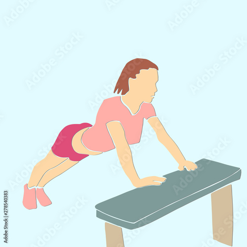 Sporty woman doing push-ups from the bench. Fitness concept abstract illustration. Vector sport cartoon. Applique or paper cut style.