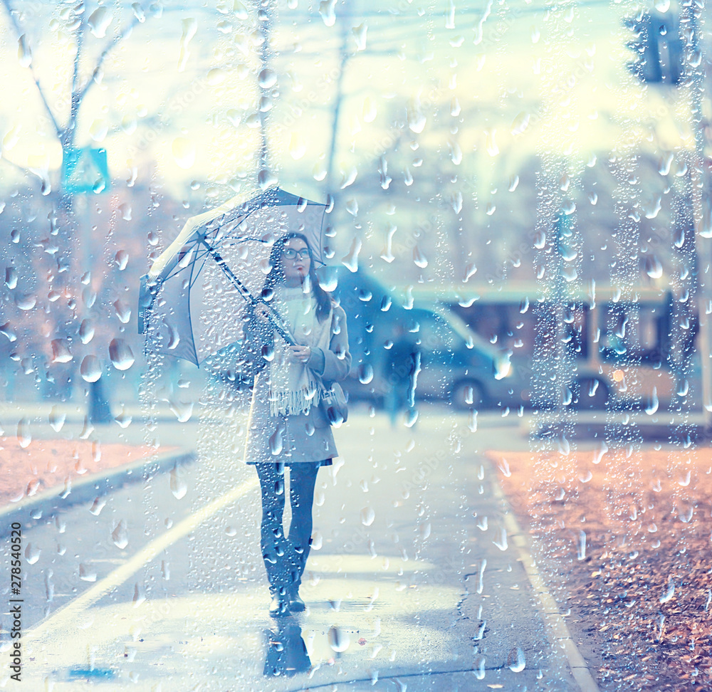 young woman umbrella autumn / autumn trendy look, model with umbrella, rainy cold weather - obrazy, fototapety, plakaty 