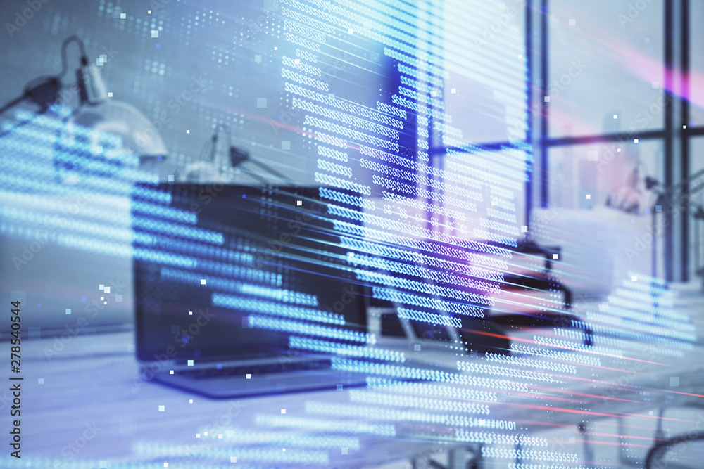 Fototapeta premium Hacking theme hologram with desktop office background. Double exposure.
