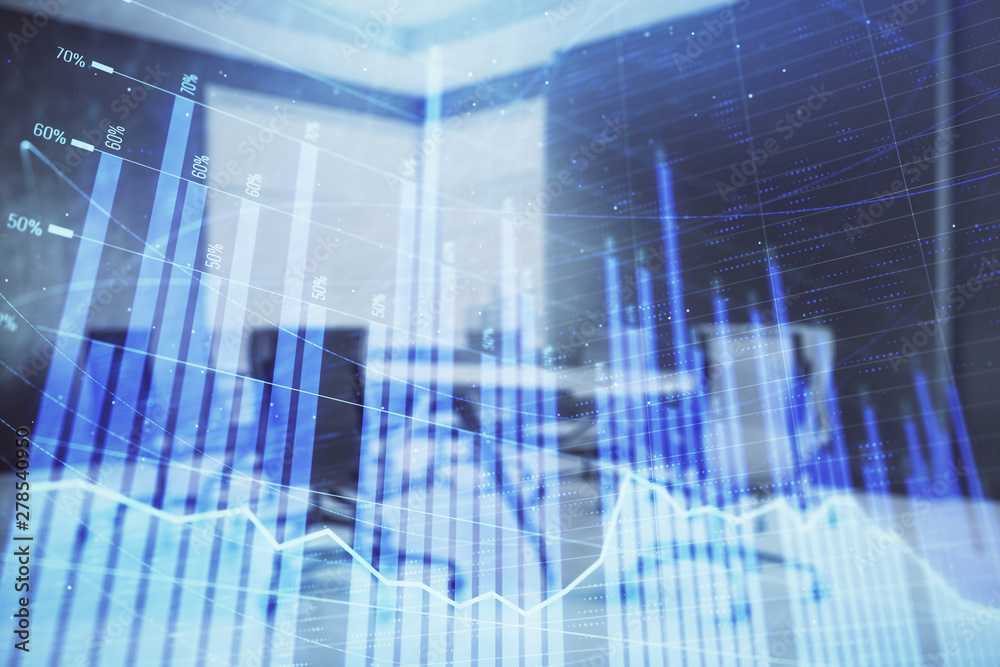 Multi exposure of stock market graph on conference room background. Concept of financial analysis Multi exposure of stock market graph on conference room background. Concept of financial analysis