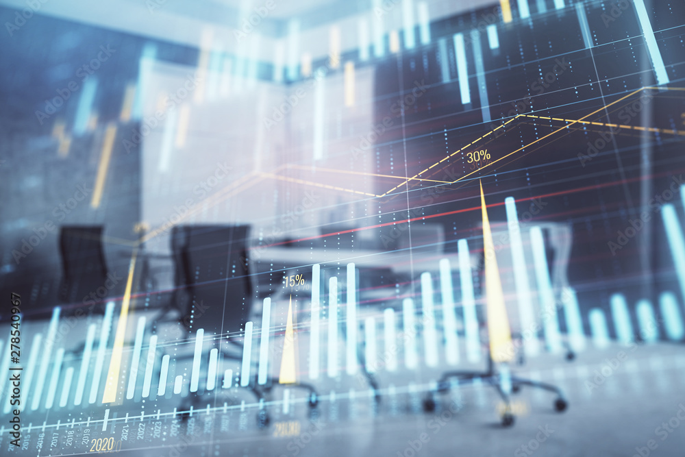 Multi exposure of stock market graph on conference room background. Concept of financial analysis Multi exposure of stock market graph on conference room background. Concept of financial analysis